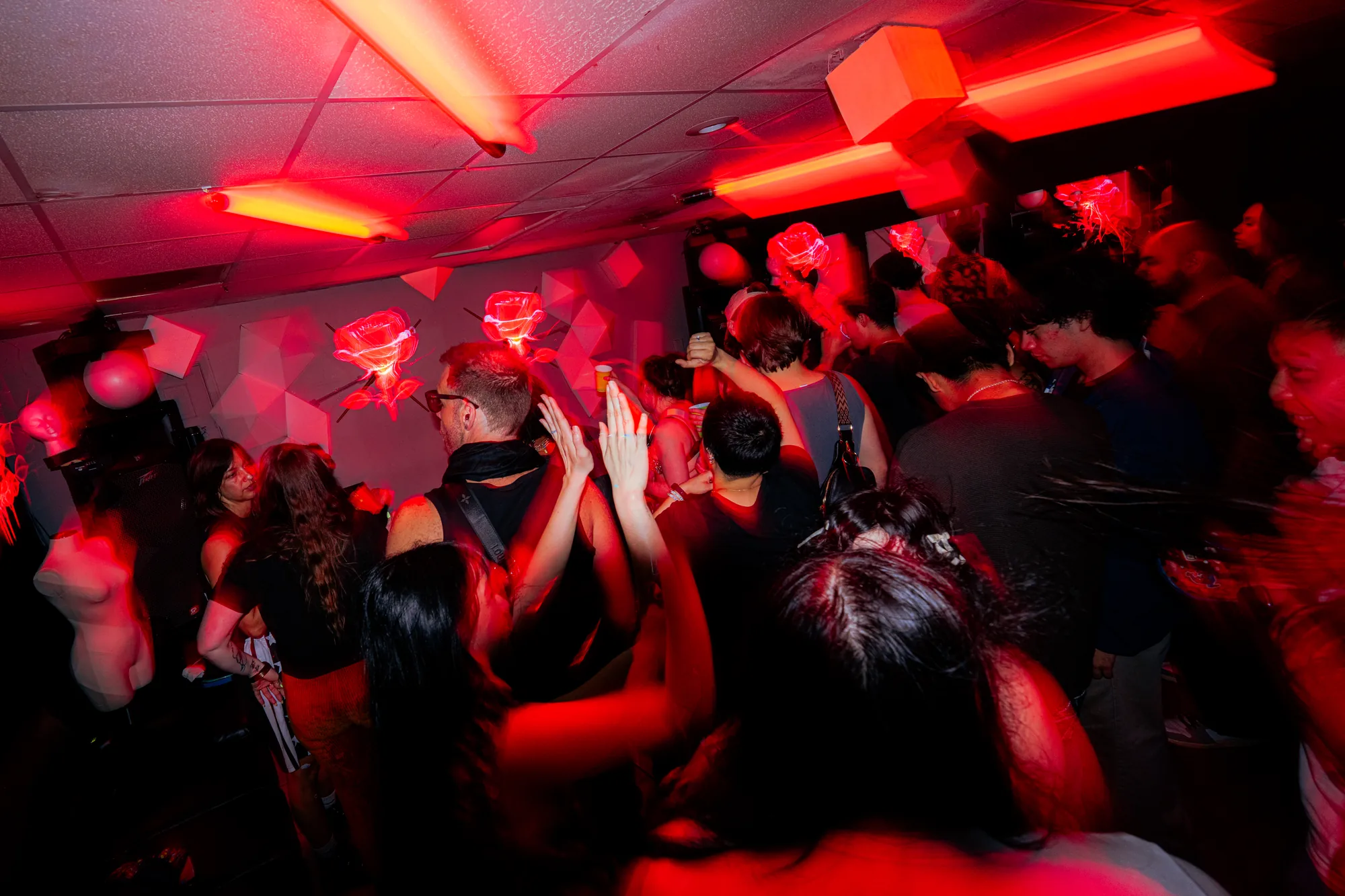Hands raised over the crowd passing roses in a deep red wash